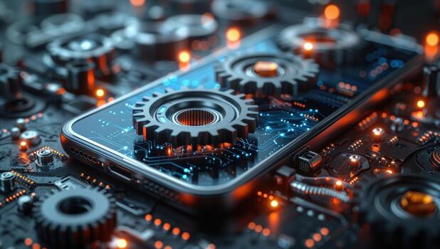 Mobile device interconnected mechanical components and circuitry representing internal technology photo