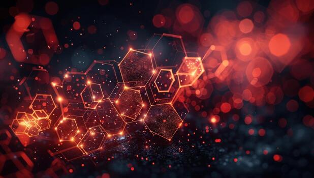 Abstract geometric network of interconnected hexagons with glowing edges on dark background photo
