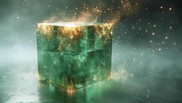 Ethereal glowing cube with sparkles on reflective surface abstract background photo