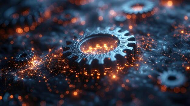 Gears with glowing dots and lines representing connection and technology photo