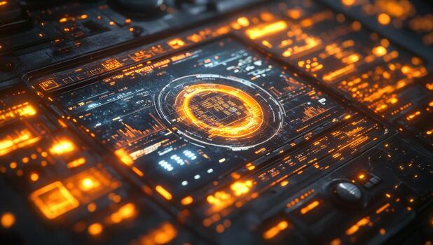 Futuristic interface screen with digital circuitry and data visualization photo