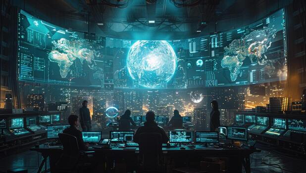 Global monitoring room with large screen displaying world data and people at desks photo