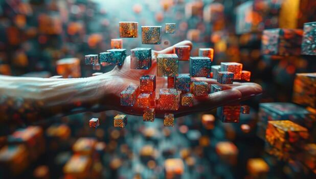Abstract floating cubes in hand representing artificial intelligence photo