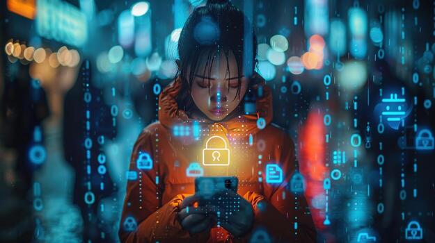 digital seguridad en móvil dispositivo con resumen binario código cubrir foto