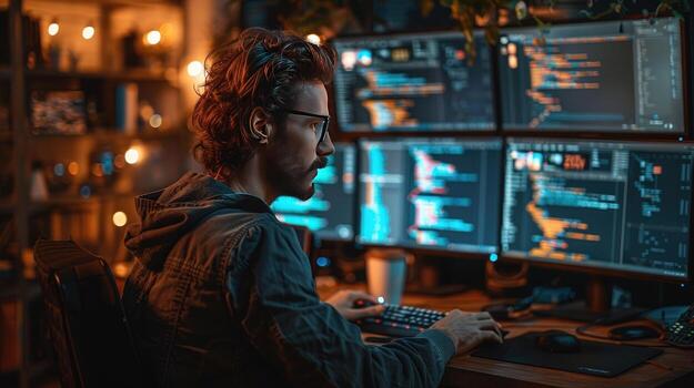 Software developer working on multiple monitors shows computer code and cybersecurity photo