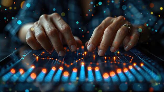 Data analysis on digital interface with interactive touch technology photo