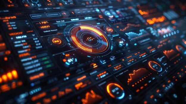 Advanced digital interface panel with data charts and glowing elements photo