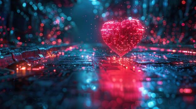 Glowing heart particle formation on digital surface abstract background photo