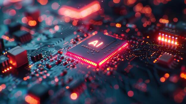 Illuminated ai microchip on circuit board modern technology and artificial intelligence photo