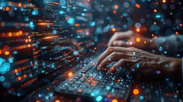 Digital data stream flowing onto keyboard hands typing technology photo