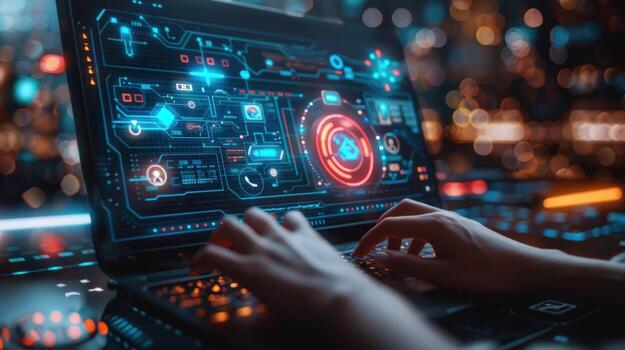 High tech laptop interface for data analysis and system control photo