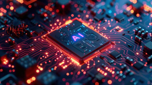 Artificial intelligence microchip on circuit board technology background photo