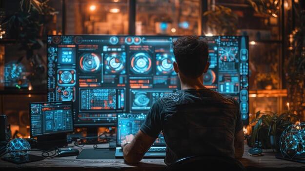 Man working on computer with data charts and digital information screens photo