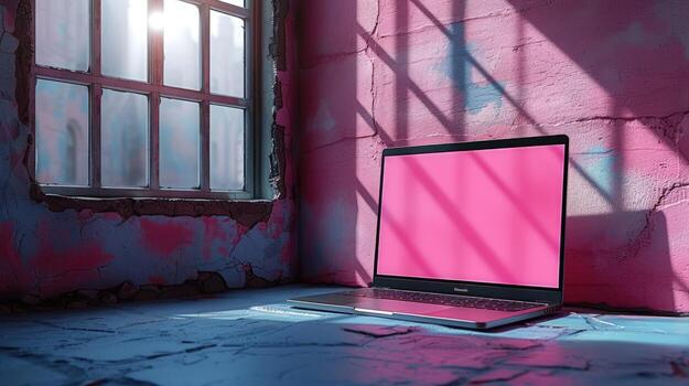 Laptop computer displaying solid color screen in urban studio setting photo