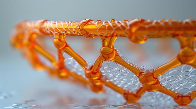 Abstract interconnected geometric structure with bubbles and orange elements close up photo