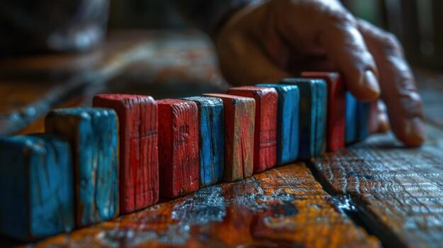 Colored wooden blocks arranged in a sequence on textured surface photo
