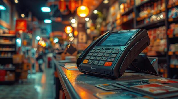 Modern payment terminal on retail store counter for secure transactions photo