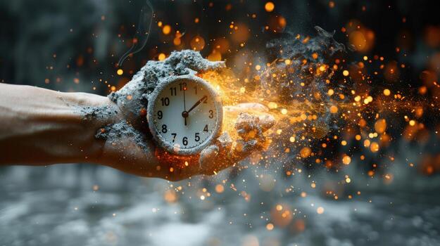 Time fleeting concept with analog clock in hand covered with ash and sparks photo