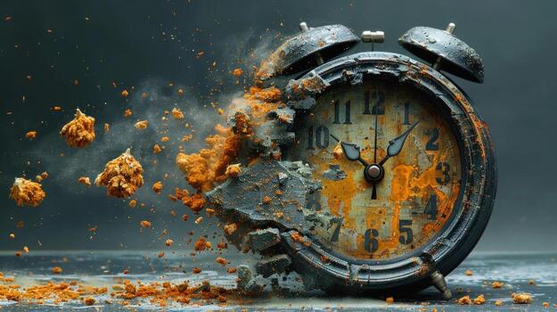 Shattered time an abstract concept with broken clock and rust texture photo