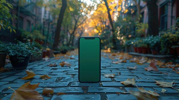 Mobile phone with green screen on cobblestone path in autumn photo