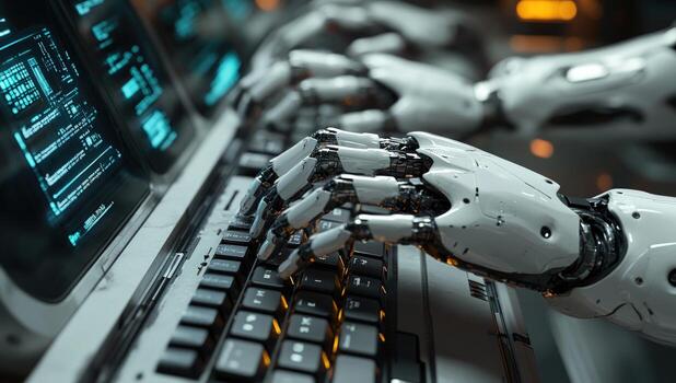 Robotic arm interacting with computer keyboard technology and data stream artificial intelligence photo