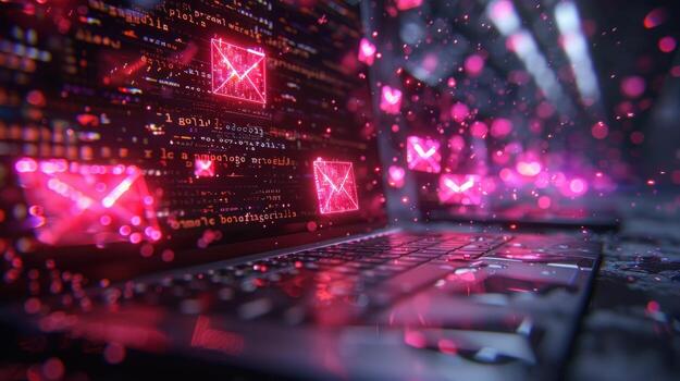 Computer screen displaying digital code and email icons for technology and security photo