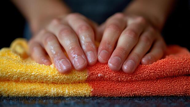 Hands pressing soft towel texture cleanliness and daily routine macro photo