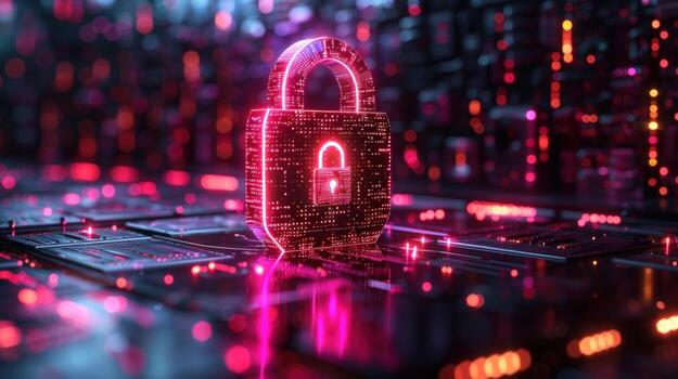 Digital padlock on circuit board network security and data protection photo