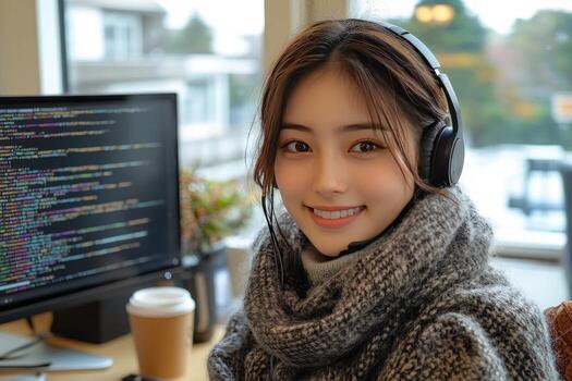 Programmer with headphone working on computer coding photo