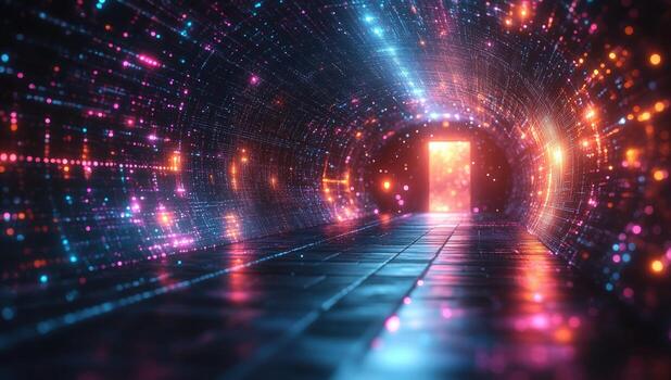 Abstract illuminated tunnel perspective with glowing data nodes and futuristic light photo