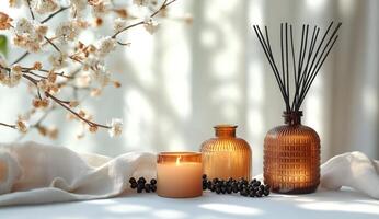 fragancia difusor vela y baya todavía vida para hogar decoración y relajación foto
