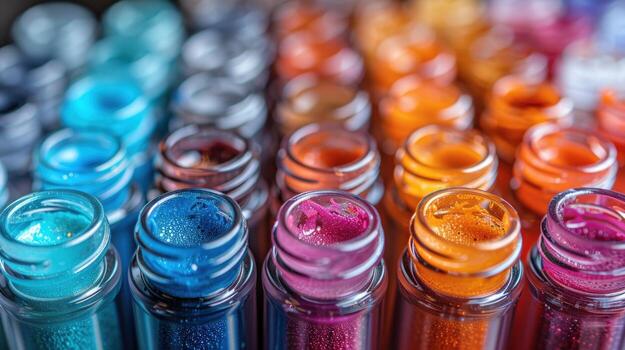 Colorful pigment powders displayed in glass jars creating a textured gradient background photo