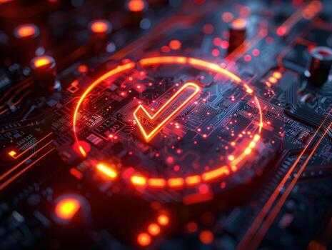Glowing check mark on circuit board confirmation of system validation photo