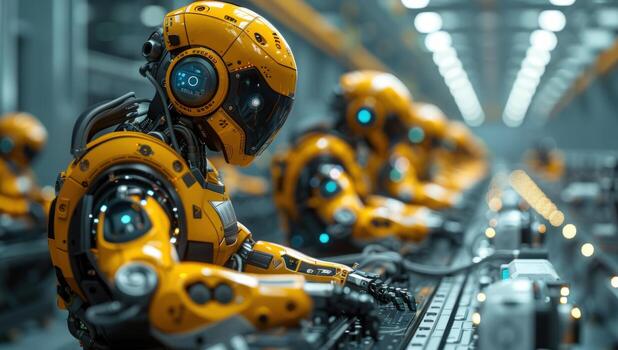 Automated factory with robotic workers in yellow suits typing on computers photo