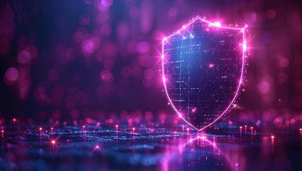 Neon shield for cyber security and data protection on abstract background photo