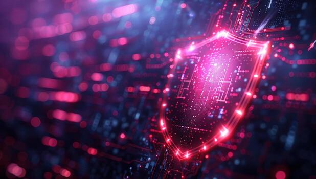 Digital shield icon in cybersecurity technology network abstract design photo