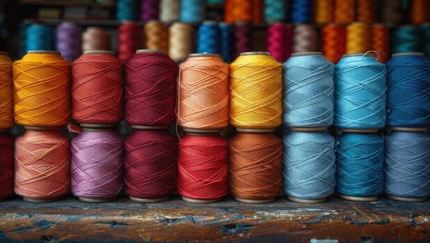 Vibrant thread spools in array colors textile material texture pattern photo