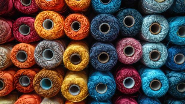 Rows of colorful threads spools textile art and craft material close up photo