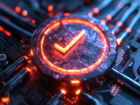 Digital validation check mark icon glowing on futuristic circuit board photo