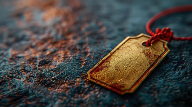 Golden tag on textured background with red string decorative object photo