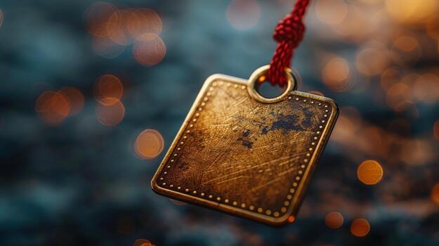 resistido cuadrado colgante colgando en rojo cable con bokeh antecedentes foto