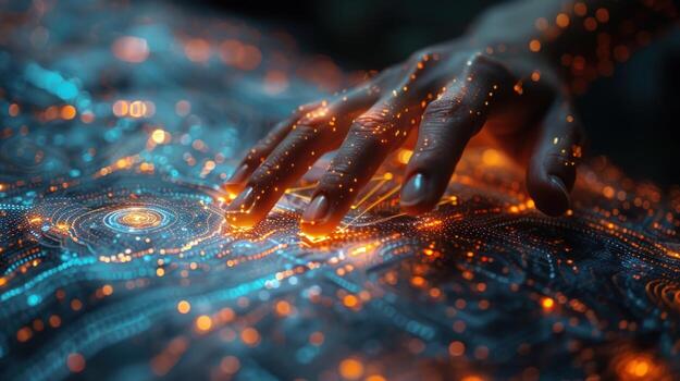 Hand activating abstract glowing data network digital technology interface photo