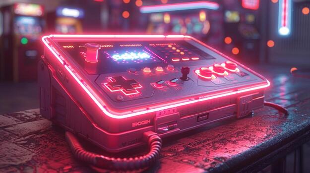 Retro futuristic gaming console with neon lights in arcade environment photo
