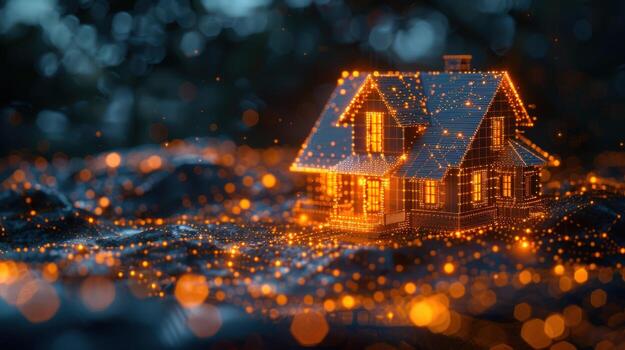 Digital house glowing particle network technology rendering photo