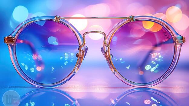 Trendy round eyeglasses reflecting abstract color gradient and bokeh background photo