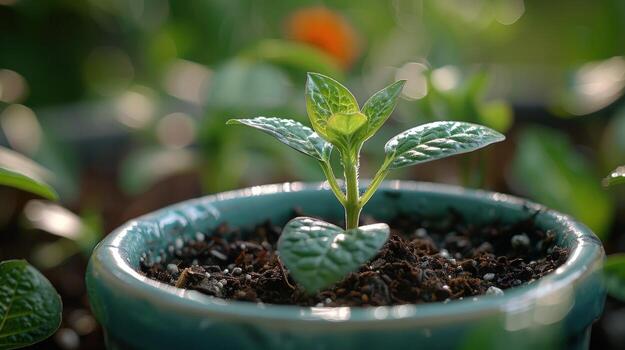 Small plant growing in pot with green leaves and blurred bokeh background photo