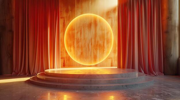 Abstract stage with illuminated circle portal and red curtains presentation background photo