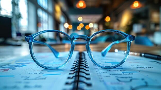 Glasses on open notebook with data charts for business planning and analysis photo