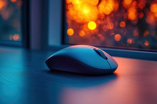 Wireless computer mouse on desk with blurred lights background photo