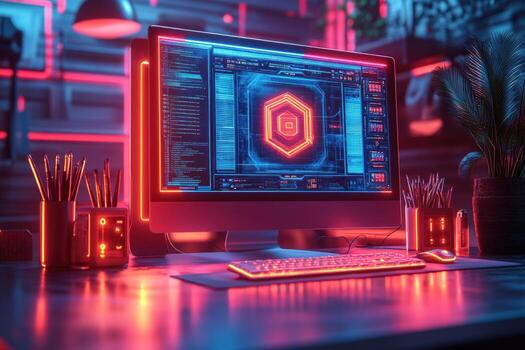 computadora pantalla mostrando programación código y digital interfaz con neón acentos foto